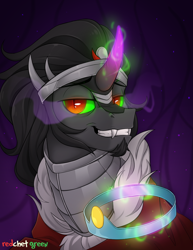 Size: 1000x1297 | Tagged: safe, artist:redchetgreen, imported from derpibooru, king sombra, pony, unicorn, crown, curved horn, fangs, grin, jewelry, looking at you, male, regalia, smiling, solo, sombra eyes, stallion