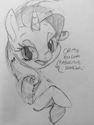 Size: 960x1280 | Tagged: safe, artist:dilarus, deleted from derpibooru, imported from derpibooru, rarity, pony, unicorn, bust, darling, dialogue, fabulous, female, grayscale, mare, monochrome, open mouth, solo, traditional art