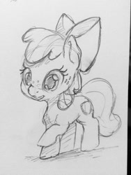 Size: 960x1280 | Tagged: safe, artist:dilarus, deleted from derpibooru, imported from derpibooru, apple bloom, earth pony, pony, cute, female, filly, freckles, grayscale, monochrome, pencil drawing, raised hoof, solo, traditional art