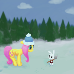 Size: 4000x4000 | Tagged: safe, artist:re7natus, imported from derpibooru, angel bunny, fluttershy, pegasus, pony, axe, duo, folded wings, hat, looking at each other, snow, weapon, wings, winter, winter outfit