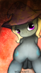 Size: 640x1136 | Tagged: safe, artist:wolfkrft, imported from derpibooru, trixie, pony, unicorn, arm behind back, bipedal, clothes, female, hat, looking at you, magic, mare, signature, solo, trixie's hat