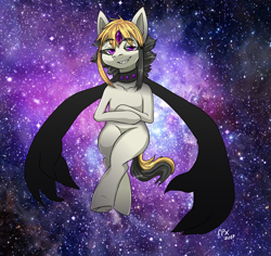 Size: 1274x1205 | Tagged: safe, artist:php154, artist:trojan-pony, imported from derpibooru, oc, oc only, oc:ren, semi-anthro, choker, collar, crossed legs, enhanced ponies, grin, lidded eyes, looking at you, pony bigger than a galaxy, sharp teeth, smiling, solo, space, stars, teeth, underhoof