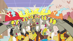 Size: 1280x720 | Tagged: safe, imported from derpibooru, screencap, discord, draconequus, discordant harmony, discord crew, discord's house, eyelashes, glasses, hard hat, male, multeity, self paradox