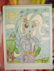 Size: 1200x1600 | Tagged: safe, artist:nicknick22, imported from derpibooru, trixie, equestria girls, cloud, female, solo, sun, traditional art, tree