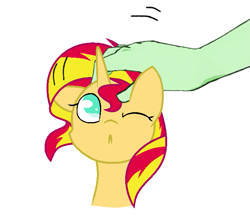 Size: 655x579 | Tagged: safe, artist:0darky0, edit, imported from derpibooru, sunset shimmer, oc, oc:anon, pony, unicorn, :<, cute, disembodied hand, hand, human on pony petting, one eye closed, petting, shimmerbetes, simple background, white background