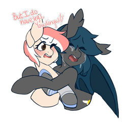 Size: 1500x1500 | Tagged: safe, artist:mimisaurusrex, imported from derpibooru, oc, oc only, oc:blush, oc:speck, bat pony, earth pony, pony, amputee, blushing, commission, crying, eyes closed, female, hug, mare, one eye closed, open mouth, prosthetic limb, prosthetics, simple background, transparent background, upset