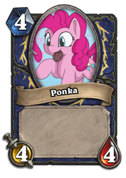 Size: 306x432 | Tagged: safe, artist:treekickerdraws, editor:luxuria, imported from derpibooru, pinkie pie, earth pony, pony, blizzard entertainment, card, cookie, cute, diapinkes, female, food, hearthpwny, hearthstone, mare, mouth hold, ponka, raised hoof, smiling, solo, warcraft