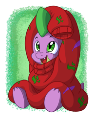 Size: 2550x3300 | Tagged: safe, artist:latecustomer, imported from derpibooru, spike, dragon, baby, baby dragon, clothes, cute, fangs, feather, green eyes, male, open mouth, oversized clothes, scales, simple background, sitting, solo, spikabetes, sweater, white background