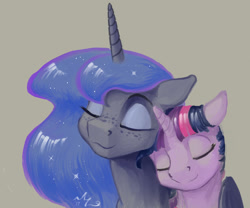 Size: 1800x1500 | Tagged: safe, artist:amarynceus, imported from derpibooru, princess luna, twilight sparkle, alicorn, pony, bust, cute, eyes closed, female, freckles, hug, lesbian, mare, shipping, simple background, smiling, twiluna, winghug