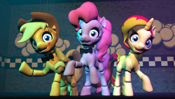 Size: 1920x1080 | Tagged: safe, artist:razethebeast, imported from derpibooru, applejack, pinkie pie, sunset shimmer, earth pony, pony, robot, robot pony, unicorn, 3d, animatronic, bowtie, cowboy hat, creepy, crossover, five nights at freddy's, hat, looking at you, metal, open mouth, raised hoof, source filmmaker, stetson