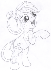 Size: 1355x1891 | Tagged: safe, artist:aafh, imported from derpibooru, applejack, earth pony, pony, female, monochrome, rearing, solo, traditional art