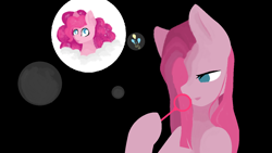 Size: 1280x720 | Tagged: safe, artist:roxybrett, imported from derpibooru, pinkie pie, earth pony, pony, black background, bubble, bubble wand, cutie mark, female, flat mane, hoof hold, mare, pinkamena diane pie, simple background