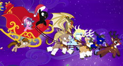 Size: 1024x548 | Tagged: safe, artist:mlp-trailgrazer, imported from derpibooru, oc, oc only, oc:cupcake slash, oc:gina m, oc:spirit, oc:terra hoof, oc:trail grazer, oc:tyandaga, oc:vector, deer, dragon, reindeer, night, sled