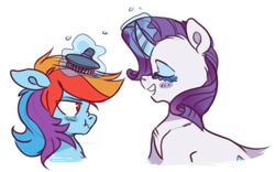 Size: 614x384 | Tagged: source needed, safe, artist:xenon, imported from derpibooru, rainbow dash, rarity, pegasus, pony, unicorn, brush, brushing, comb, curved horn, eyes closed, female, glowing horn, lesbian, magic, mare, raridash, scrunchy face, shipping, simple background, telekinesis, white background