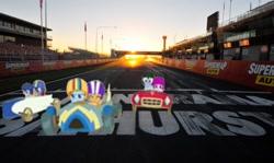 Size: 640x381 | Tagged: safe, artist:didgereethebrony, imported from derpibooru, rainbow dash, scootaloo, pony, the cart before the ponies, australia, bathurst, car, irl, mount panorama, photo, ponies in real life, race car, race track, racecar, racing