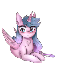 Size: 1953x2344 | Tagged: safe, artist:mrscurlystyles, imported from derpibooru, oc, oc only, oc:artshine, alicorn, pony, 2018 community collab, derpibooru community collaboration, alicorn oc, blushing, c:, chest fluff, cute, female, looking away, mare, ocbetes, prone, simple background, smiling, solo, transparent background