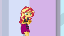 Size: 1280x720 | Tagged: safe, imported from derpibooru, screencap, sunset shimmer, a fine line, equestria girls, equestria girls series, against wall, cellphone, clothes, female, mall, phone, smartphone, solo, waiting