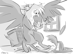 Size: 1024x755 | Tagged: safe, artist:ribnose, imported from derpibooru, gilda, griffon, giant griffon, grayscale, growth, macro, mega gilda, monochrome, signature, solo, surprised