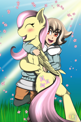 Size: 3000x4500 | Tagged: safe, artist:pedalspony, artist:raptorpwn3, imported from derpibooru, fluttershy, pegasus, pony, atra, atra mixta, blushing, clothes, crossover, cute, female, grass, gundam, happy, hug, mare, mobile suit gundam iron-blooded orphans, outdoors, shyabetes, skirt