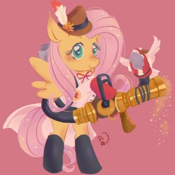 Size: 1024x1024 | Tagged: safe, artist:sugusus, imported from derpibooru, fluttershy, pegasus, pony, archimedes, australium medigun, bipedal, blushing, clothes, crossover, cute, female, fluttermedic, hat, heart eyes, looking at you, mare, medic, medigun, medishy, parody, red background, shyabetes, simple background, smiling, team fortress 2, ubercharge, wingding eyes