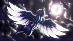 Size: 1920x1080 | Tagged: safe, artist:shad0w-galaxy, imported from derpibooru, rainbow dash, pony, cloud, female, flying, full moon, mare, moon, night, solo, spread wings, wings