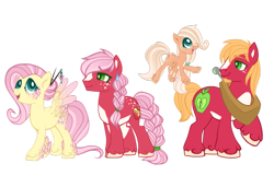 Size: 1023x701 | Tagged: safe, artist:aquadove, imported from derpibooru, big macintosh, fluttershy, oc, oc:maple, oc:pink lady, family, female, fluttermac, male, offspring, parent:big macintosh, parent:fluttershy, parents:fluttermac, shipping, simple background, straight, transparent background