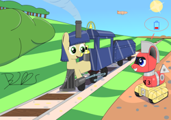 Size: 1500x1054 | Tagged: safe, artist:trackheadtherobopony, imported from derpibooru, oc, oc only, oc:lilly bell, oc:trackhead, object pony, original species, pony, robot, robot pony, train pony, wheelpone, airship, battery, blimp, bush, i can't believe it's not badumsquish, inanimate tf, solo, train, trainified, trainpony, transformation