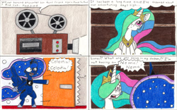 Size: 3295x2055 | Tagged: safe, artist:eternaljonathan, imported from derpibooru, princess celestia, princess luna, comic:a new twist, comic, door, dream, movie, traditional art, yelling