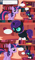 Size: 1280x2168 | Tagged: safe, artist:hakunohamikage, imported from derpibooru, twilight sparkle, oc, oc:nyx, alicorn, pony, ask-princesssparkle, alicorn oc, ask, bandage, comic, female, filly, golden oaks library, mare, tumblr, twilight sparkle (alicorn)