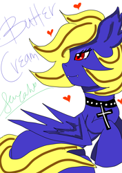 Size: 2893x4092 | Tagged: safe, artist:renarararista, imported from derpibooru, oc, oc only, oc:butter cream, bat pony, drawing, heart, jewelry, pendant, request, smiling