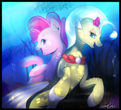 Size: 1593x1447 | Tagged: safe, artist:sakuracheetah, imported from derpibooru, pinkie pie, princess skystar, seapony (g4), my little pony: the movie, looking back, seaponified, seapony pinkie pie, smiling, species swap, underwater
