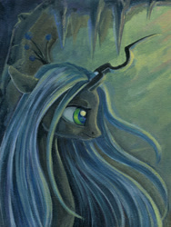 Size: 600x800 | Tagged: safe, artist:maytee, imported from derpibooru, queen chrysalis, changeling, changeling queen, acrylic painting, bust, cave, crown, female, horn, jewelry, regalia, solo, traditional art