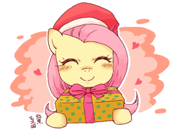 Size: 576x426 | Tagged: safe, artist:yanamosuda, imported from derpibooru, fluttershy, pegasus, pony, blush sticker, blushing, bust, christmas, cute, eyes closed, female, gift giving, hat, holiday, mare, portrait, present, santa hat, shyabetes, smiling, solo