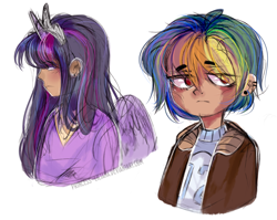 Size: 2100x1674 | Tagged: safe, artist:princess-liliana, imported from derpibooru, rainbow dash, twilight sparkle, human, bust, clothes, ear piercing, earring, horned humanization, humanized, jewelry, piercing, simple background, twilight sparkle (alicorn), white background