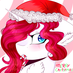 Size: 2000x2000 | Tagged: safe, artist:doux-ameri, imported from derpibooru, oc, oc only, oc:button love, pony, unicorn, bust, candy, candy cane, christmas, female, food, hat, high res, holiday, mare, mouth hold, portrait, santa hat, solo