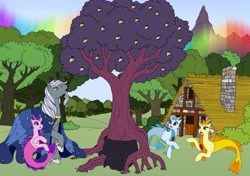 Size: 5995x4221 | Tagged: safe, artist:westphalianartist, imported from derpibooru, adagio dazzle, aria blaze, sonata dusk, star swirl the bearded, pony, siren, equestria girls, absurd resolution, apple, apple tree, baby siren, backstory, beard, cauldron, cloak, clothes, cloven hooves, cottage, dazzling, facial hair, family, father, father and daughter, female, food, forest, gaping, house, kettle, magician, magician outfit, male, moon, mountain, pointing, rainbow, sisters, stars, story in the source, story included, surprised, tree, wizard, worried, zap apple, zap apple tree