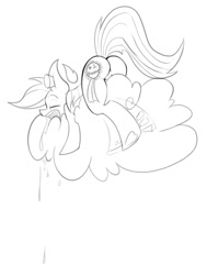 Size: 828x1094 | Tagged: safe, artist:lil miss jay, imported from derpibooru, rainbow dash, cloud, drool, ear plugs, female, monochrome, rainbutt dash, ribbon, simple background, sketch, sleeping, snoring, solo, underhoof, white background