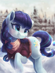 Size: 3000x4000 | Tagged: safe, artist:vanillaghosties, imported from derpibooru, coloratura, earth pony, pony, clothes, cute, female, happy, high res, mare, raised hoof, rara, rarabetes, scarf, scenery, smiling, snow, solo, tree, winter
