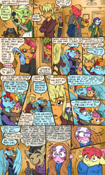 Size: 838x1400 | Tagged: safe, artist:kaemantis, imported from derpibooru, apple bloom, applejack, babs seed, big macintosh, diamond tiara, filthy rich, granny smith, rainbow dash, rarity, scootaloo, anthro, earth pony, pegasus, unicorn, comic:junior gala, blanket, clothes, curse cut short, dialogue, freckles, implied lesbian, implied shipping, open mouth, pants, speech bubble, think of the children