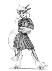 Size: 1100x1514 | Tagged: safe, artist:baron engel, imported from derpibooru, oc, oc only, oc:twisted mind, anthro, unguligrade anthro, anthro oc, clothes, female, grayscale, interspecies offspring, monochrome, offspring, parent:lord tirek, parent:twilight sparkle, parents:twirek, pencil drawing, simple background, sketch, solo, traditional art, white background