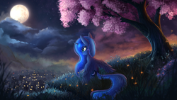 Size: 4000x2250 | Tagged: safe, alternate version, artist:atlas-66, imported from derpibooru, princess luna, pony, cherry blossoms, cherry tree, female, flower, flower blossom, full moon, looking away, mare, moon, night, ponyville, scenery, scenery porn, sitting, smiling, solo, spread wings, stars, town, tree, under the tree, wings, wings down