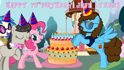 Size: 1920x1080 | Tagged: safe, artist:boneswolbach, artist:floppychiptunes, artist:grapefruitface1, imported from derpibooru, dj pon-3, octavia melody, pinkie pie, vinyl scratch, oc, oc:electric light, earth pony, pegasus, pony, unicorn, pony creator, cake, celebration, complex background, female, food, happy birthday, hat, jeff lynne, male, mare, party, party hat, show accurate, stallion, wallpaper