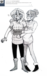 Size: 864x1379 | Tagged: safe, artist:immediocregoodbye, imported from derpibooru, sci-twi, sunset shimmer, twilight sparkle, human, equestria girls, blushing, clothes, female, lesbian, scitwishimmer, shipping, sunsetsparkle, sweater, ugly christmas sweater