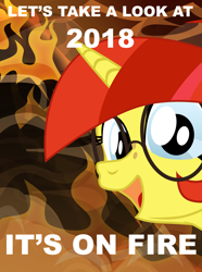 Size: 3728x5000 | Tagged: safe, artist:aaronmk, imported from derpibooru, oc, oc only, oc:lefty pony, pony, unicorn, 2018, female, fire, freckles, glasses, looking at you, mare, new years eve, on fire, open mouth, smiling, solo