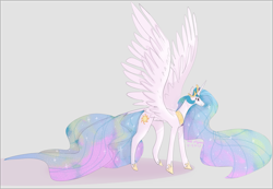 Size: 1957x1355 | Tagged: safe, artist:supermarblesoda, imported from derpibooru, princess celestia, alicorn, pony, cute, cutelestia, female, gray background, horseshoes, jewelry, leonine tail, mare, regalia, simple background, smiling, solo, spread wings, wings