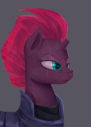 Size: 1001x1401 | Tagged: safe, artist:riukime, imported from derpibooru, tempest shadow, pony, unicorn, my little pony: the movie, armor, broken horn, eye scar, female, frown, mare, scar, simple background, solo