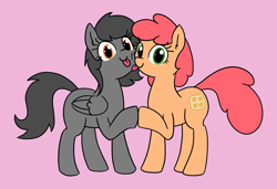 Size: 1696x1159 | Tagged: safe, artist:wafflecakes, imported from derpibooru, oc, oc only, oc:charcoal, oc:wafflecakes, earth pony, pegasus, pony, :p, cheek to cheek, holding hooves, looking at you, silly, simple background, tongue out