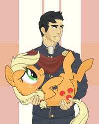 Size: 1600x2000 | Tagged: dead source, safe, artist:tex, imported from derpibooru, applejack, oc, oc:tex, human, pony, blushing, clothes, female, holding a pony, human male, male, teenage applejack, teenager, uniform, younger