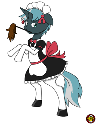 Size: 628x807 | Tagged: safe, artist:slockins101, imported from derpibooru, oc, oc only, oc:idol hooves, changeling, fanfic:the changeling of the guard, bipedal, clothes, crossdressing, disguise, disguised changeling, duster, fanfic, fanfic art, maid, male, mouth hold, simple background, white background