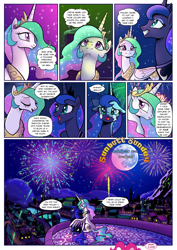 Size: 1358x1920 | Tagged: safe, artist:pencils, imported from derpibooru, pinkie pie, princess celestia, princess luna, alicorn, pony, comic:sunbutt sunday, breaking the fourth wall, comic, crown, crying, cute, dialogue, eyeshadow, feels, female, fireworks, floppy ears, fourth wall, happy new year, heartwarming, holiday, jewelry, love, makeup, mare, moon, peytral, pinkie pie out of nowhere, regalia, sisters, sitting, speech bubble, sweet dreams fuel, thought bubble, trio